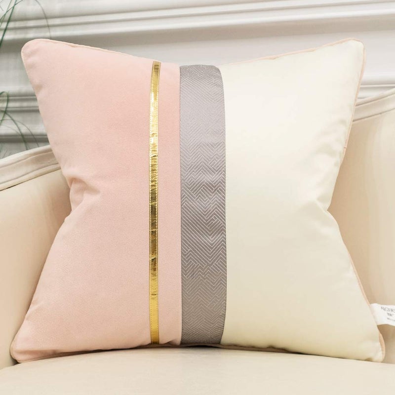 Avigers 18 x 18 Inches Pink White Gold Leather Striped Patchwork Velvet Cushion Case Luxury Modern Throw Pillow Cover Decorative Pillow for Couch Living Room Bedroom Car - Image 1